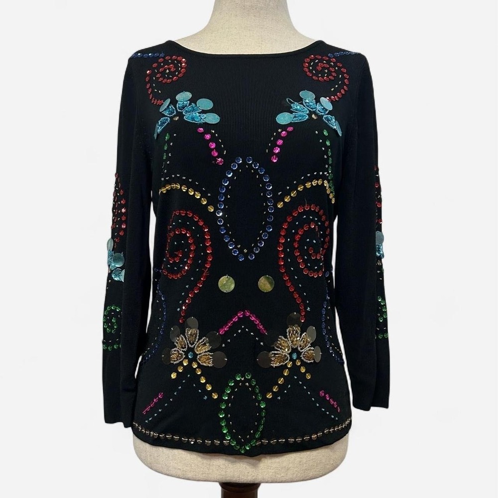 Vintage Sequin Embellished Long Sleeve Statement Top Womens S Art Deco Y2K Glam